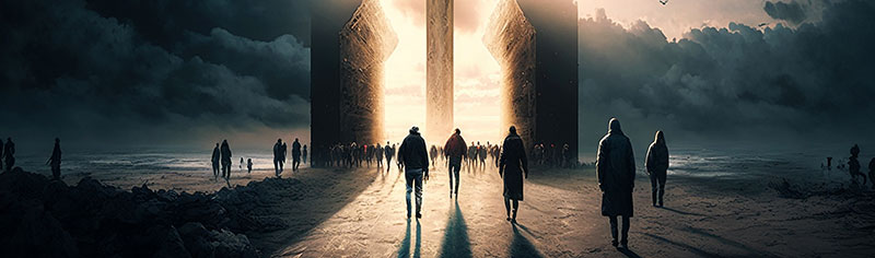 Des gens marchant vers une immense croix