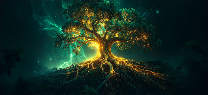 Surreal glowing tree with neural roots and radiant branches symbolizing memory