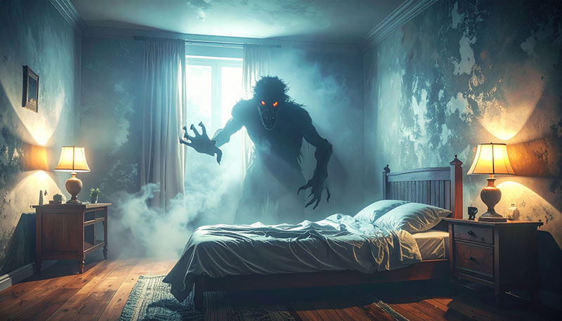 Silhouette sombre et monstrueuse se cachant de manière menaçante dans une chambre faiblement éclairée la nuit, les mains griffues tendues vers un lit vide, évoquant une atmosphère glaciale