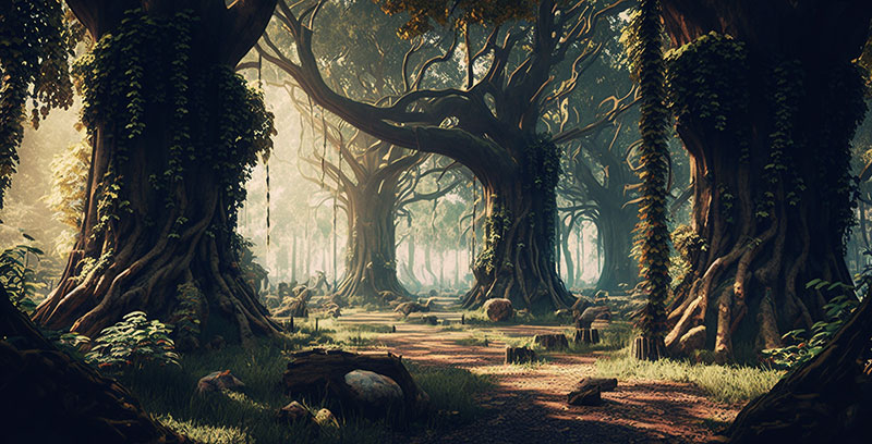 A forest with large trees durin